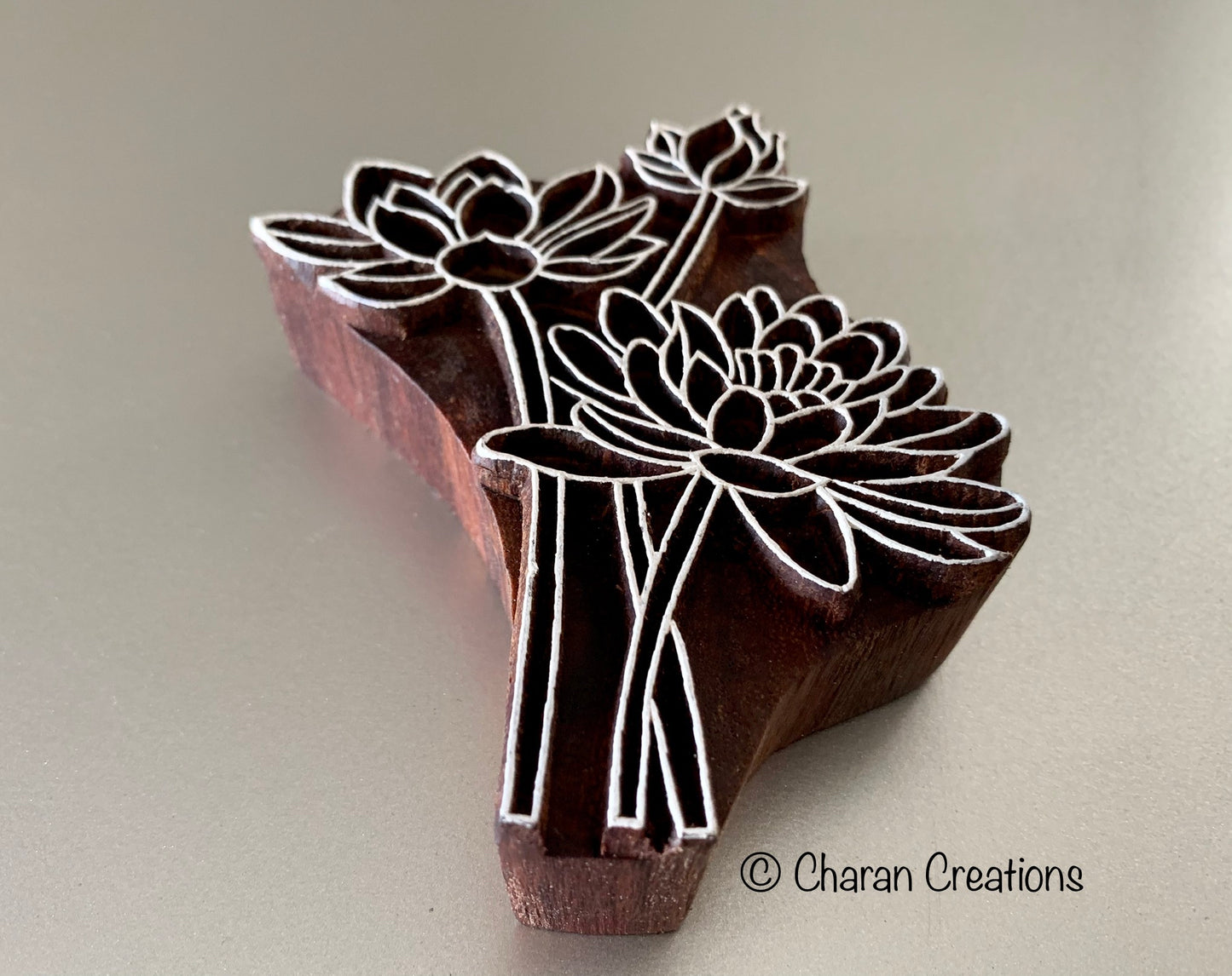 WATER LILY FLOWER STEMS Hand Carved Rosewood Block Stamp