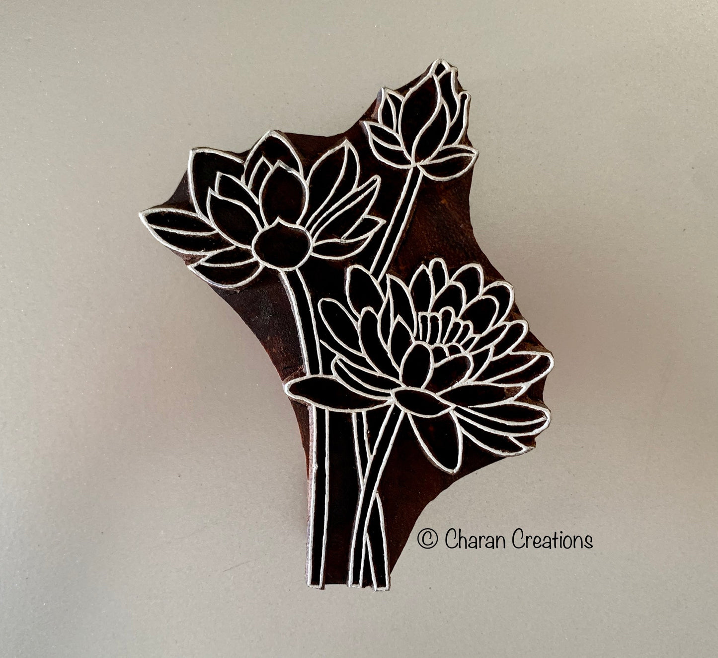 WATER LILY FLOWER STEMS Hand Carved Rosewood Block Stamp