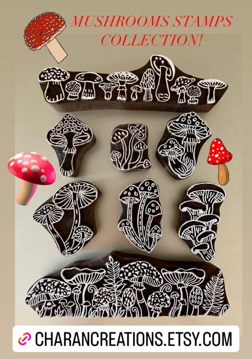 SHROOMS & FERNS Border Wood Block Stamp for Pottery/Printing/Handmade Soaps